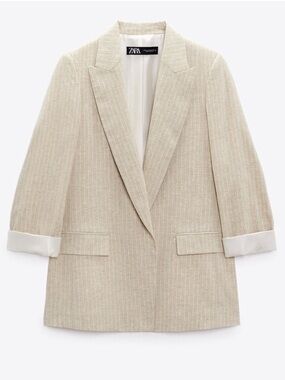 Zara Light Beige Pinstripe Linen-Blend Blazer Jacket
